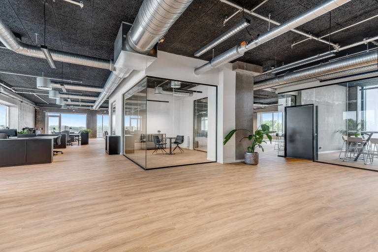 Furnished office H3.1 with glass meeting rooms and wooden floor