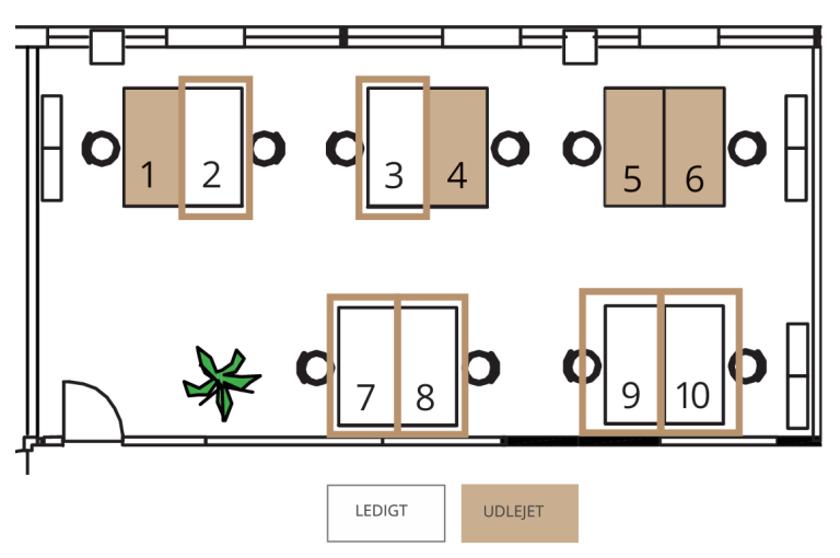 Floor plan of the Shared Office showing available and let desks