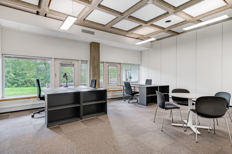 Six-person office 2.45 with desks, shelving and green views