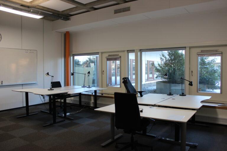 Bright office with sit-stand desks and large windows for seven people