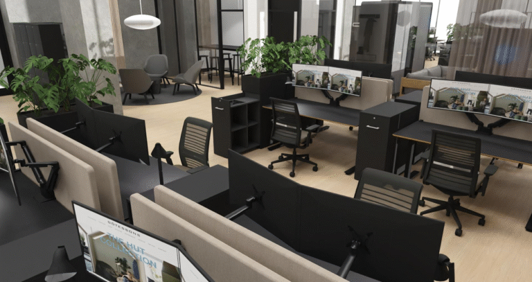 Visualisation of open-plan office with screen dividers and plants in the VIP Office